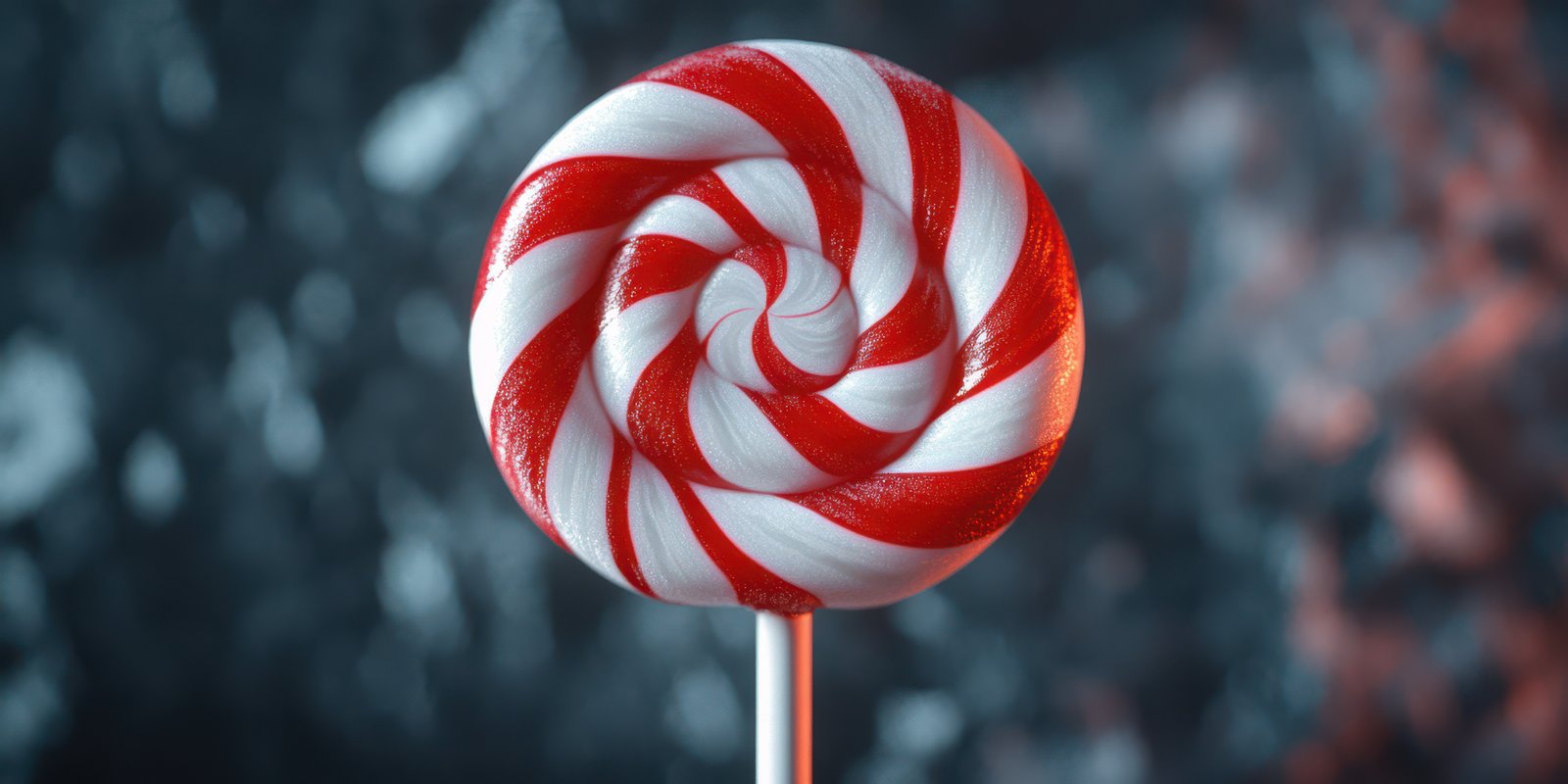 Swirling red and white lollipop stands boldly against a blurred background of colors and textures